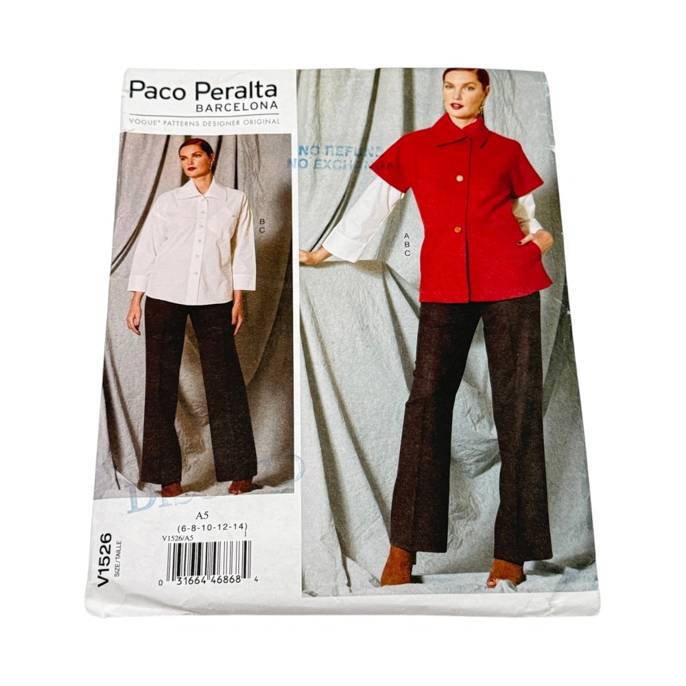 Vogue V1526 Paco Peralta Sew Pattern Designer Jacket Shirt Pants Size 6-14 Uncut